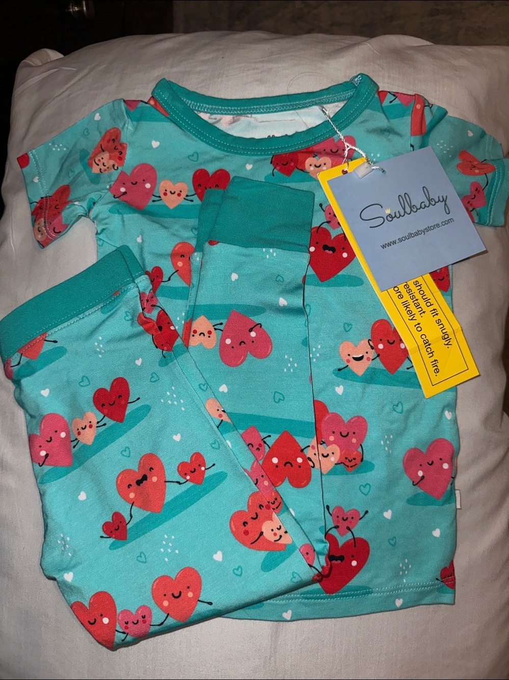 Soulbaby Teal Heart Print Kids Pajama Set Bamboo - Picture 6 of 6